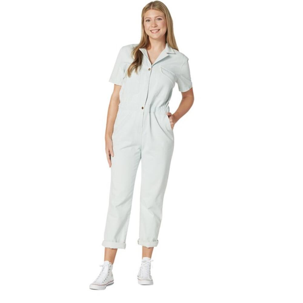HUNTER & BROWN NWT 100% Cotton Light Indigo Denim Short Slve Utility Jumpsuit S